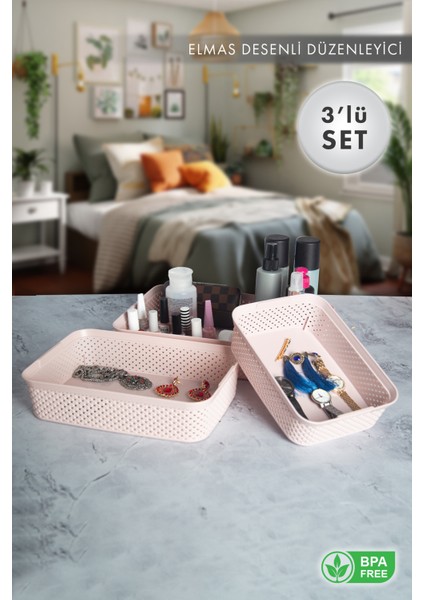 Aes Home Elmas Desenli Organizer Düzenleyici 3'lü Sepet Set Pembe