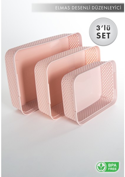 Aes Home Elmas Desenli Organizer Düzenleyici 3'lü Sepet Set Pembe