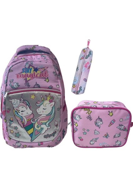 Ilkokul Okul Ortaokul Sırt Çantası Kız Erkek Unisex Beslenme Çantalı Kalemlikli Ortopedik 3lü Set At Unicorn Okul Çantası Pembe