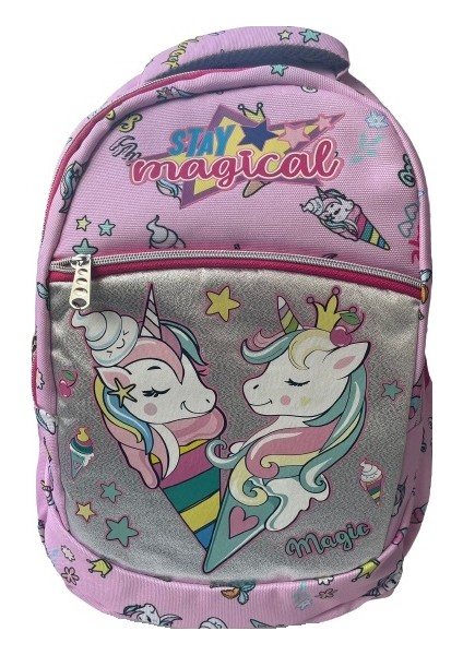 Ilkokul Okul Ortaokul Sırt Çantası Kız Erkek Unisex Beslenme Çantalı Kalemlikli Ortopedik 3lü Set At Unicorn Okul Çantası Pembe