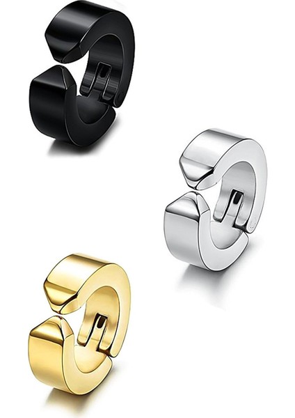 3'lü Unisex Siyah Gümüş Gold Sıkıştırmalı Halka Küpe Set