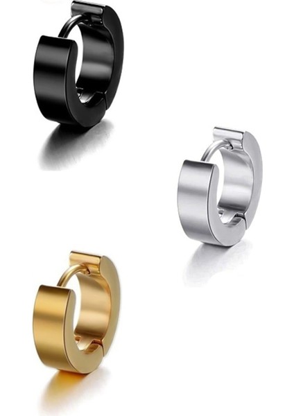 Unisex Gümüş Siyah Gold 3'lü Çelik Küpe Set