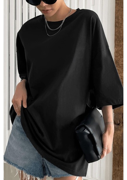 Siyah Basic Düz Baskısız Oversize Salas Boyfriend Kadın T-Shirt