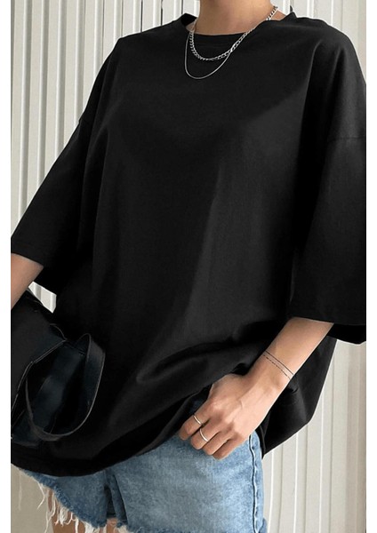 Siyah Basic Düz Baskısız Oversize Salas Boyfriend Kadın T-Shirt modelleri