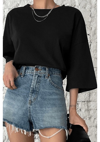 Siyah Basic Düz Baskısız Oversize Salas Boyfriend Kadın T-Shirt fırsatları