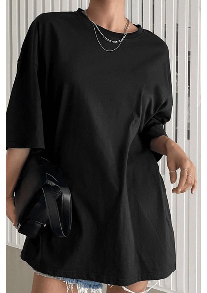 Siyah Basic Düz Baskısız Oversize Salas Boyfriend Kadın T-Shirt indirimleri