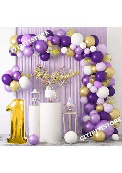 1 Yaş Macaron Mor Balon Zinciri Seti Gölge Mor Altın Balon Dekorasyon