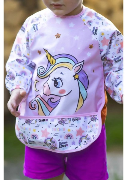 Kız Kollu Sevimli Unicorn Desenli Cepli Mama Önlüğü