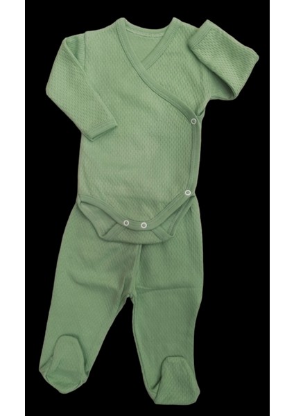 2 Li Takım Uzun Kollu Kendinden Eldiven Çıtçıtlı Kruvaze Badi ve Patikli Alt Küf Yeşili Renk