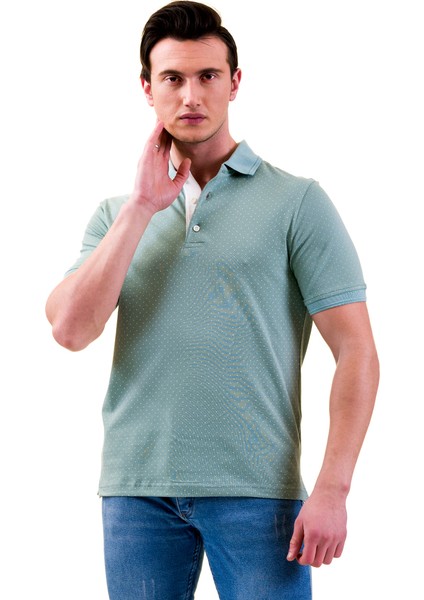 Çağla Yeşili Üzeri Beyaz Puantiyeli Polo Yaka Kısakol Pamuk Slim Fit Tişört