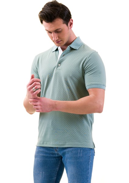 Çağla Yeşili Üzeri Beyaz Puantiyeli Polo Yaka Kısakol Pamuk Slim Fit Tişört fiyatları