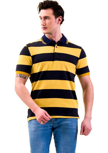 Sarı Lacivert Çizgili Kontrast Yaka Detaylı Polo Yaka Kısakol Pamuk Slim Fit Tişört
