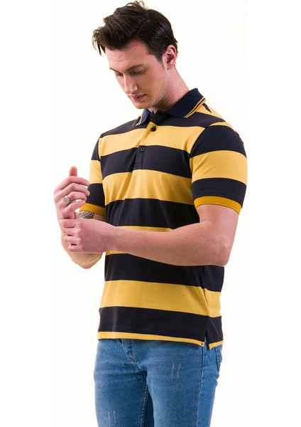 Sarı Lacivert Çizgili Kontrast Yaka Detaylı Polo Yaka Kısakol Pamuk Slim Fit Tişört modelleri