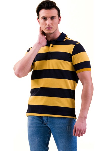 Sarı Lacivert Çizgili Kontrast Yaka Detaylı Polo Yaka Kısakol Pamuk Slim Fit Tişört indirimleri