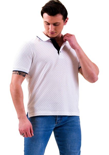 Beyaz Üzeri Lacivert Puantiyeli Yaka Pat Detaylı Polo Yaka Kısakol Pamuk Slim Fit Tişört modelleri
