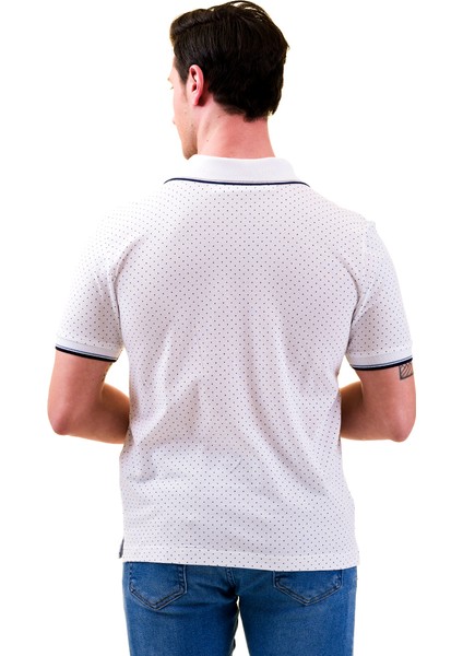 Beyaz Üzeri Lacivert Puantiyeli Yaka Pat Detaylı Polo Yaka Kısakol Pamuk Slim Fit Tişört fırsatları