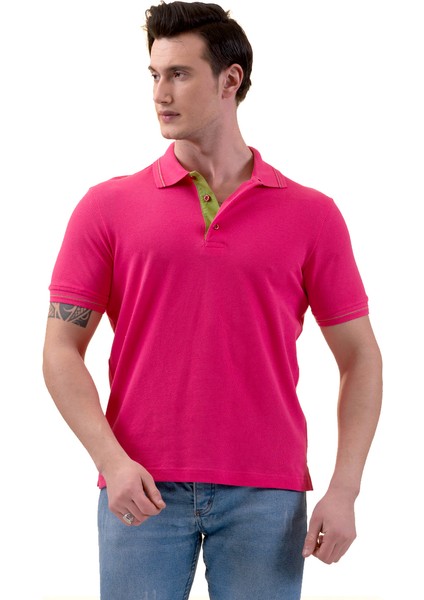 Pembe Yeşil Yaka Pat ve Kol Detaylı Polo Yaka Kısakol Pamuk Slim Fit Tişört