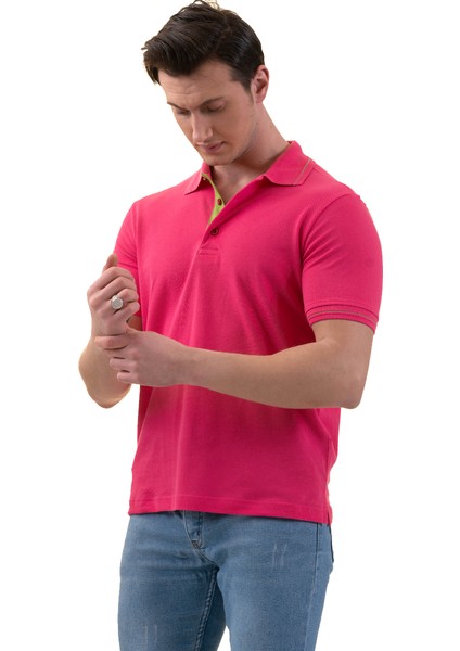 Pembe Yeşil Yaka Pat ve Kol Detaylı Polo Yaka Kısakol Pamuk Slim Fit Tişört fiyatları