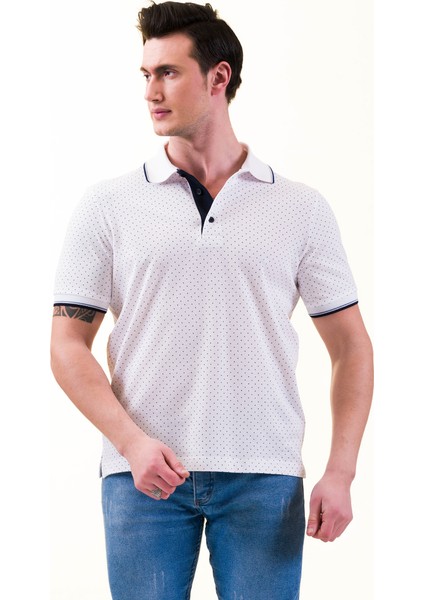 Beyaz Üzeri Lacivert Puantiyeli Yaka Pat Detaylı Polo Yaka Kısakol Pamuk Slim Fit Tişört fiyatları