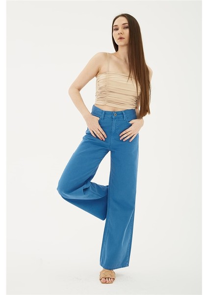 Yüksek Bel Geniş Paça Pantolon Saks / Sax
