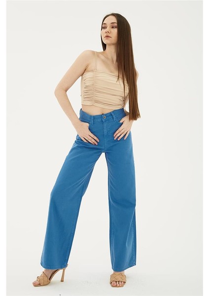 Yüksek Bel Geniş Paça Pantolon Saks / Sax fırsatları
