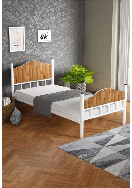 Tek Kişilk Ahşaplı Metal Karyola Ceviz (Yataksız)