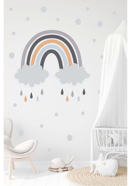 Gökkuşağı Gri Bulutlu ve 200 Puantiye Duvar Sticker Seti 100X100 cm