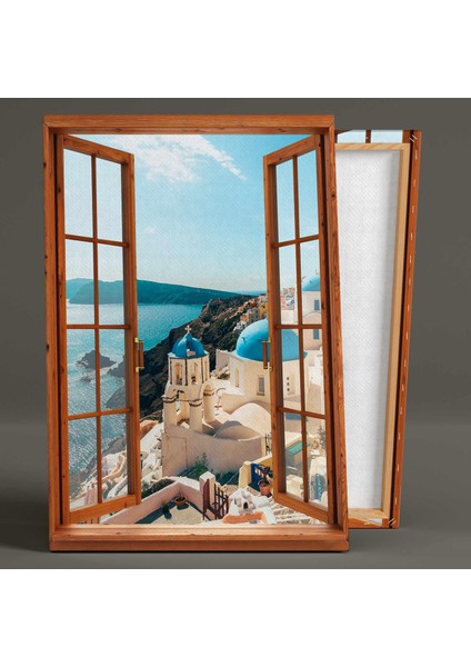 Açık Pencere Manzarası Santorini Adası Manzara Kanvas Tablo