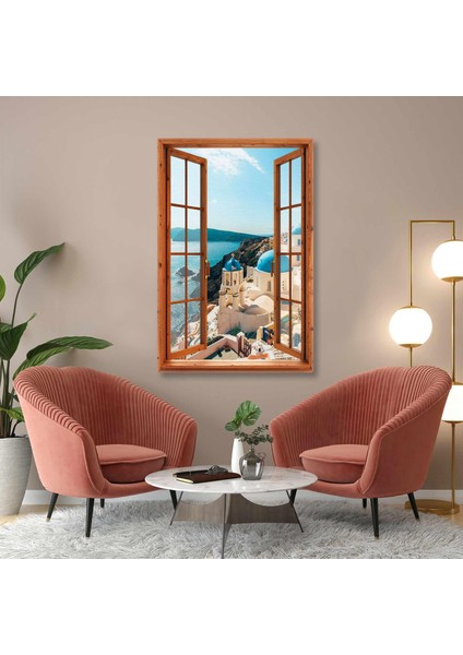 Açık Pencere Manzarası Santorini Adası Manzara Kanvas Tablo
