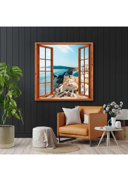 Açık Pencere Manzarası Santorini Adası Manzara Kanvas Tablo