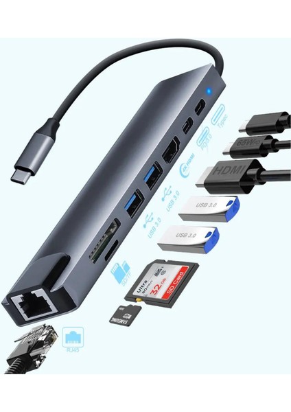 8 In 1 Çevirici Hub Dizüstü Bilgisayar Uyumlu USB Type-C Dönüştürücü Çevirici Çoklayıcı Hdmı Micro Sd Dönüştürücü