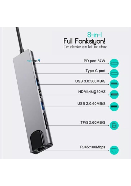 8 In 1 Çevirici Hub Dizüstü Bilgisayar Uyumlu USB Type-C Dönüştürücü Çevirici Çoklayıcı Hdmı Micro Sd Dönüştürücü