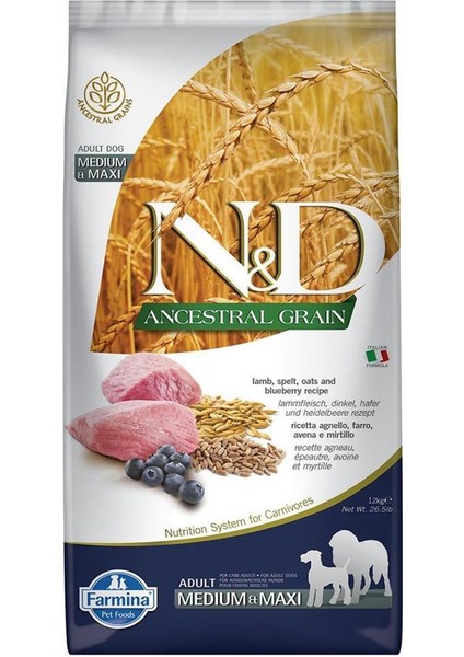 Nd Ancestral Graın Düşük Tahıllı 12KG Medium Maxi Adult Kuzu Etli Yaban Mersini Köpek Maması
