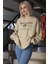 Bej Bisiklet Yaka Baskılı Oversize Kadın Sweatshirt MG1577 3