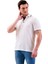 Beyaz Üzerine Geometrik Desenli Yaka Kol Biye Detaylı Polo Yaka Kısakol Pamuk Slim Fit Tişört 1