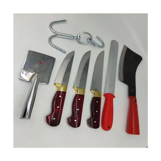 Hisar Bıçak Mika Saplı 7 Parça Kasap Seti Plastik Saplı Siyah Kurban Seti Mutfak Bıçak Setleri Kanca Masat Satır Et Tokmağı