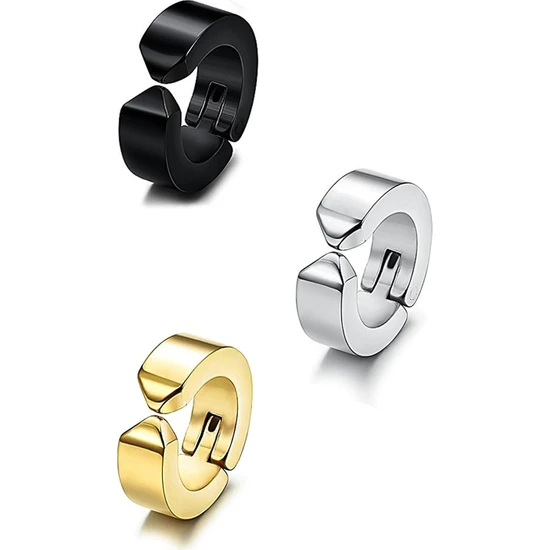 Trend Collection 3'lü Unisex Siyah Gümüş Gold Sıkıştırmalı Halka Küpe Set