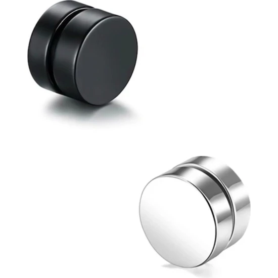 Trend Collection Siyah Gümüş Yuvarlak Mıknatıslı 8mm Mıknatıs Manyetik Çelik Küpe Set