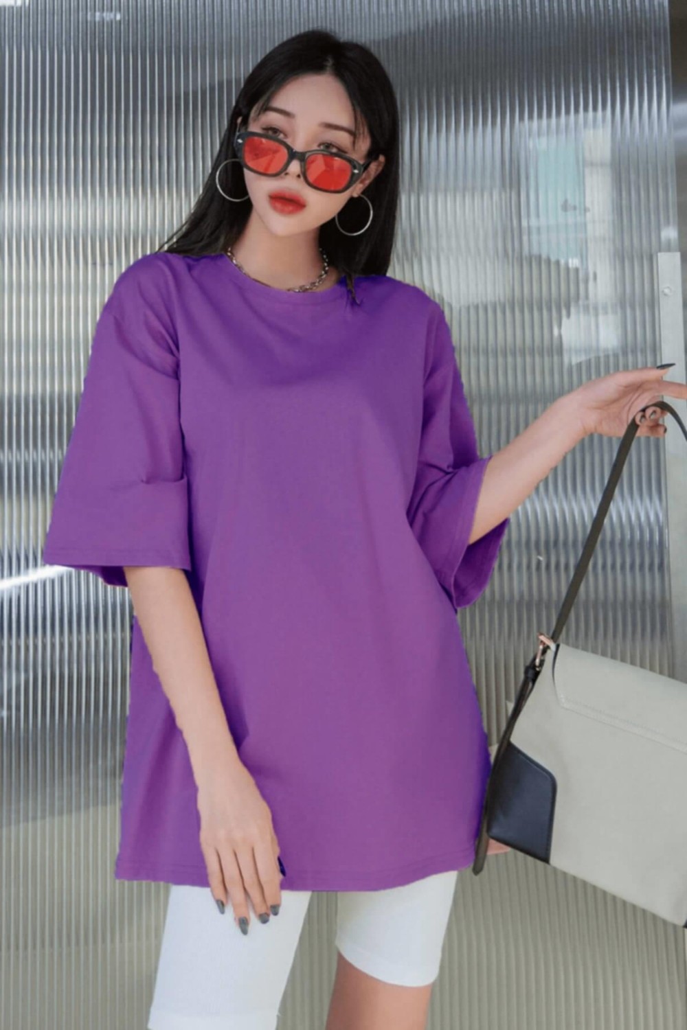 Millionaire Mor Basic Düz Baskısız Oversize Salas Boyfriend Kadın T-Shirt