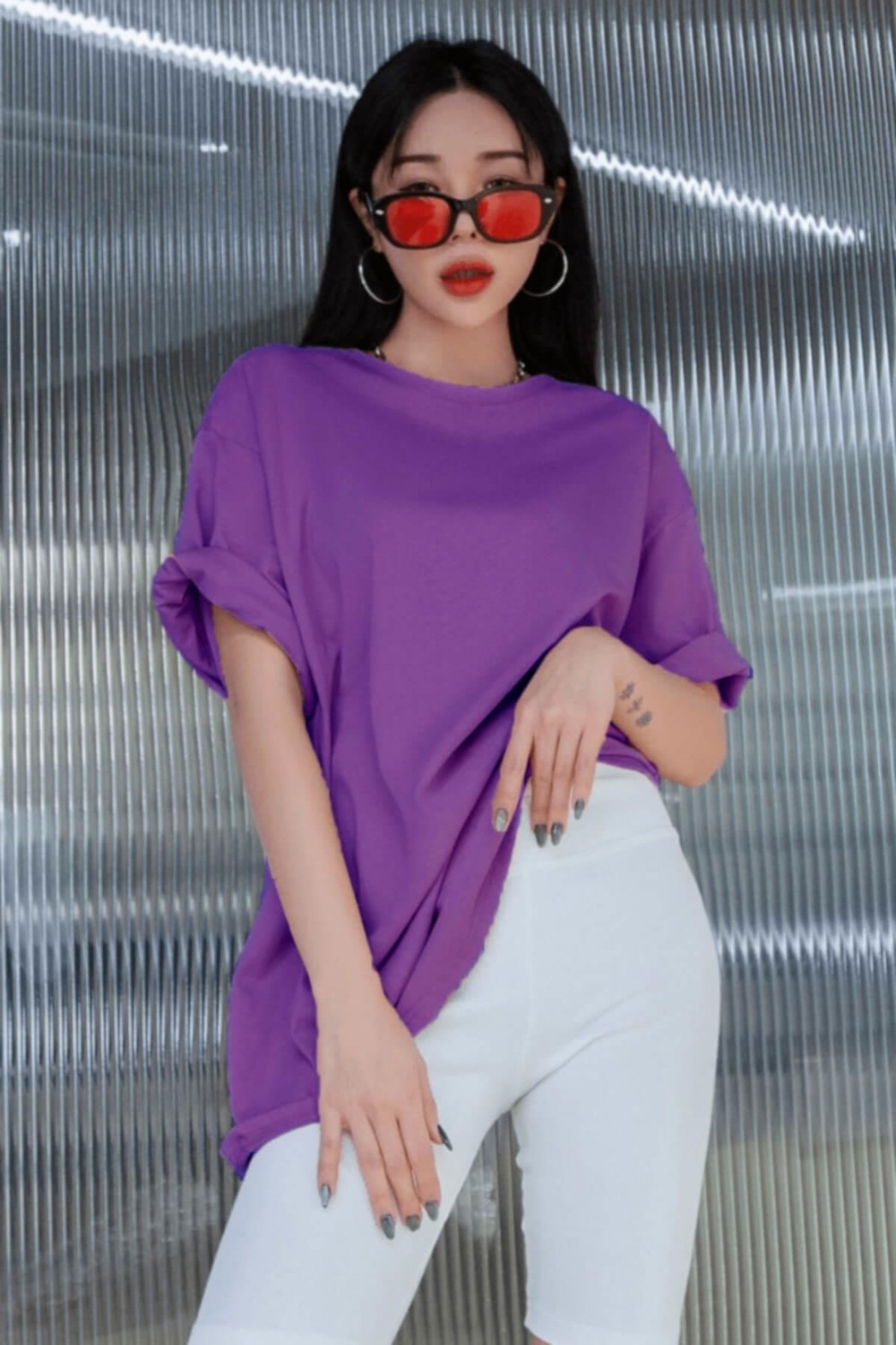 Millionaire Mor Basic Düz Baskısız Oversize Salas Boyfriend Kadın T-Shirt görsel 2