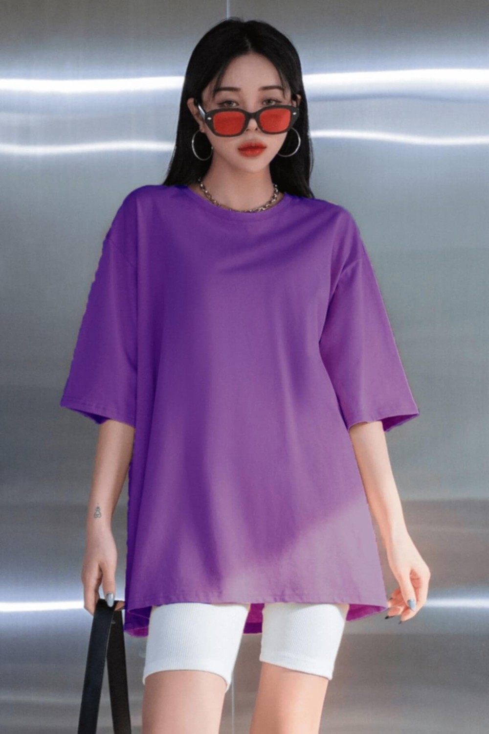 Millionaire Mor Basic Düz Baskısız Oversize Salas Boyfriend Kadın T-Shirt görsel 3