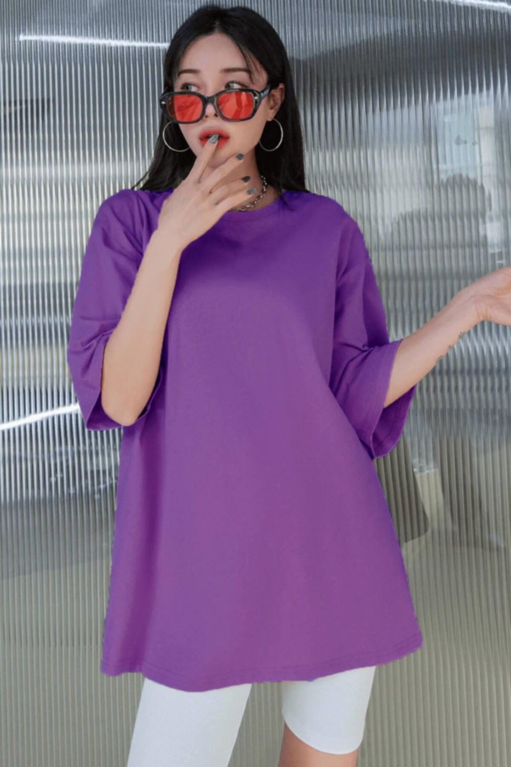 Millionaire Mor Basic Düz Baskısız Oversize Salas Boyfriend Kadın T-Shirt görsel 4