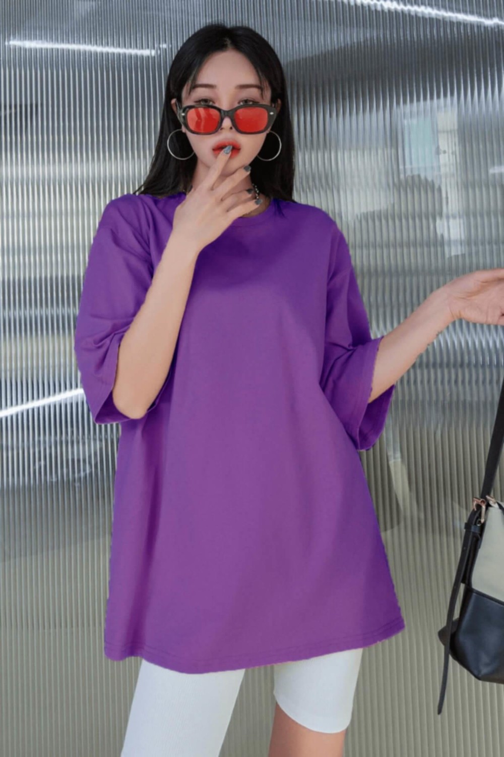 Millionaire Mor Basic Düz Baskısız Oversize Salas Boyfriend Kadın T-Shirt görsel 5