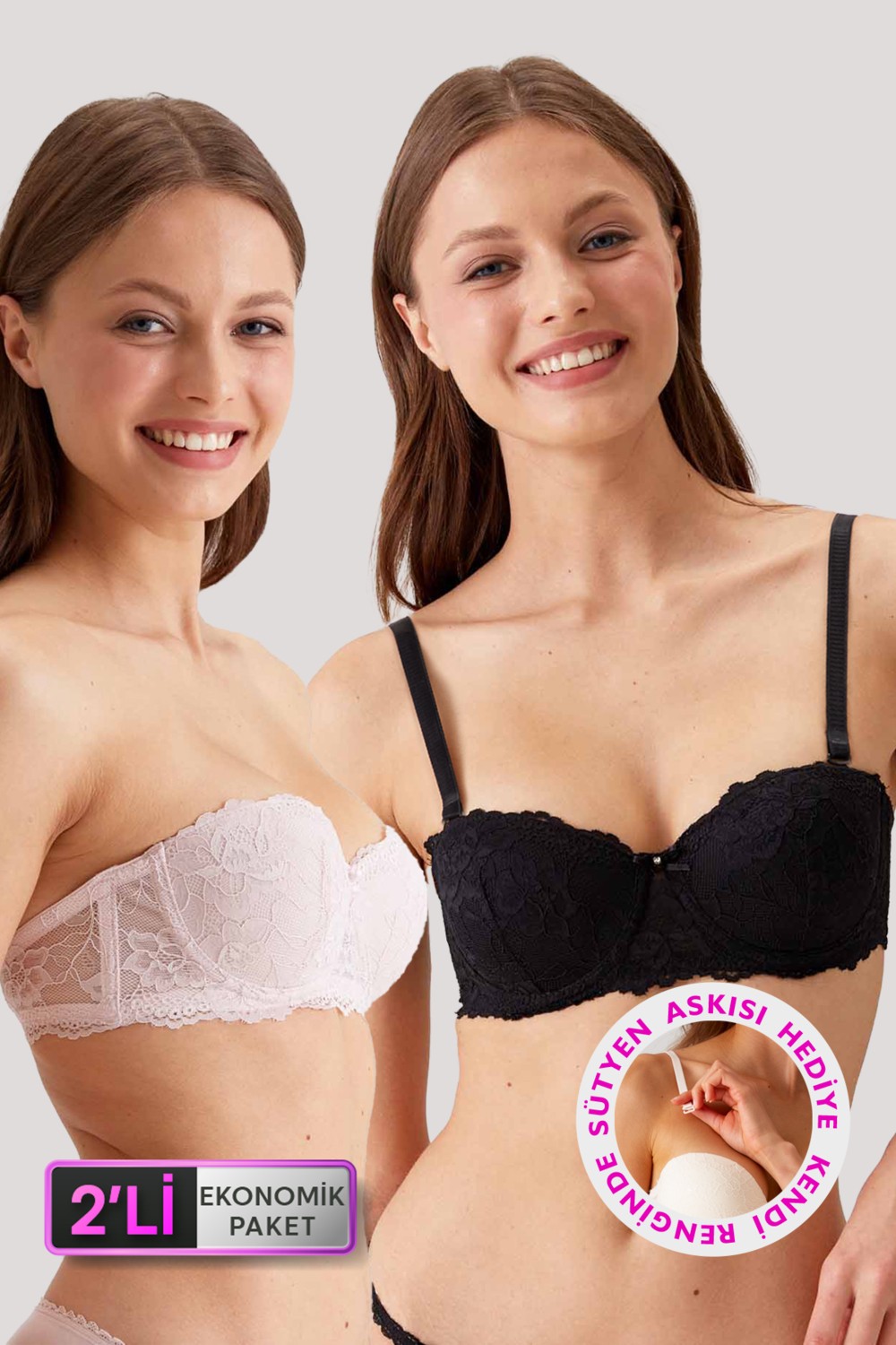 Pierre Cardin 2'li Ekonomik Paket Pudra-Siyah 6202-2 Balenli Desteksiz Straplez Dantelli Sütyen Set