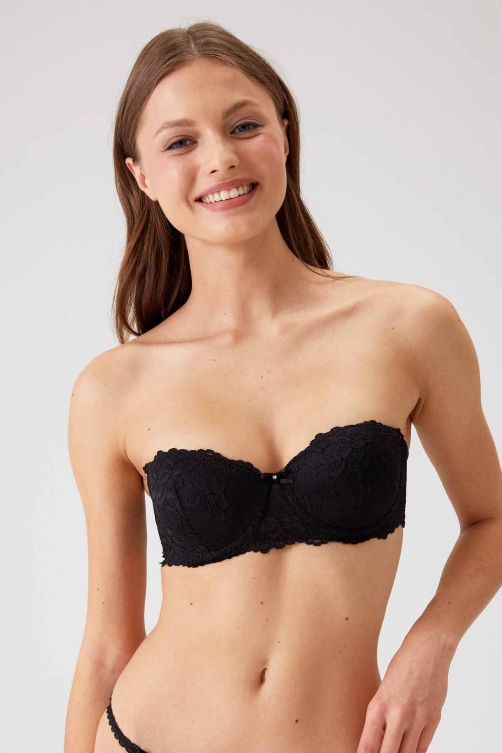 Pierre Cardin 2'li Ekonomik Paket Pudra-Siyah 6202-2 Balenli Desteksiz Straplez Dantelli Sütyen Set görsel 3