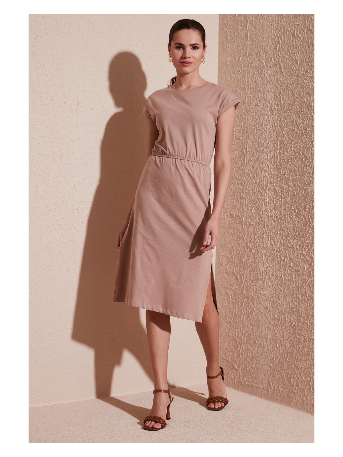 Lela Pamuklu Kısa Kollu Çift Yırtmaçlı Midi Elbise Bayan Elbise 5864205 - Görsel 7