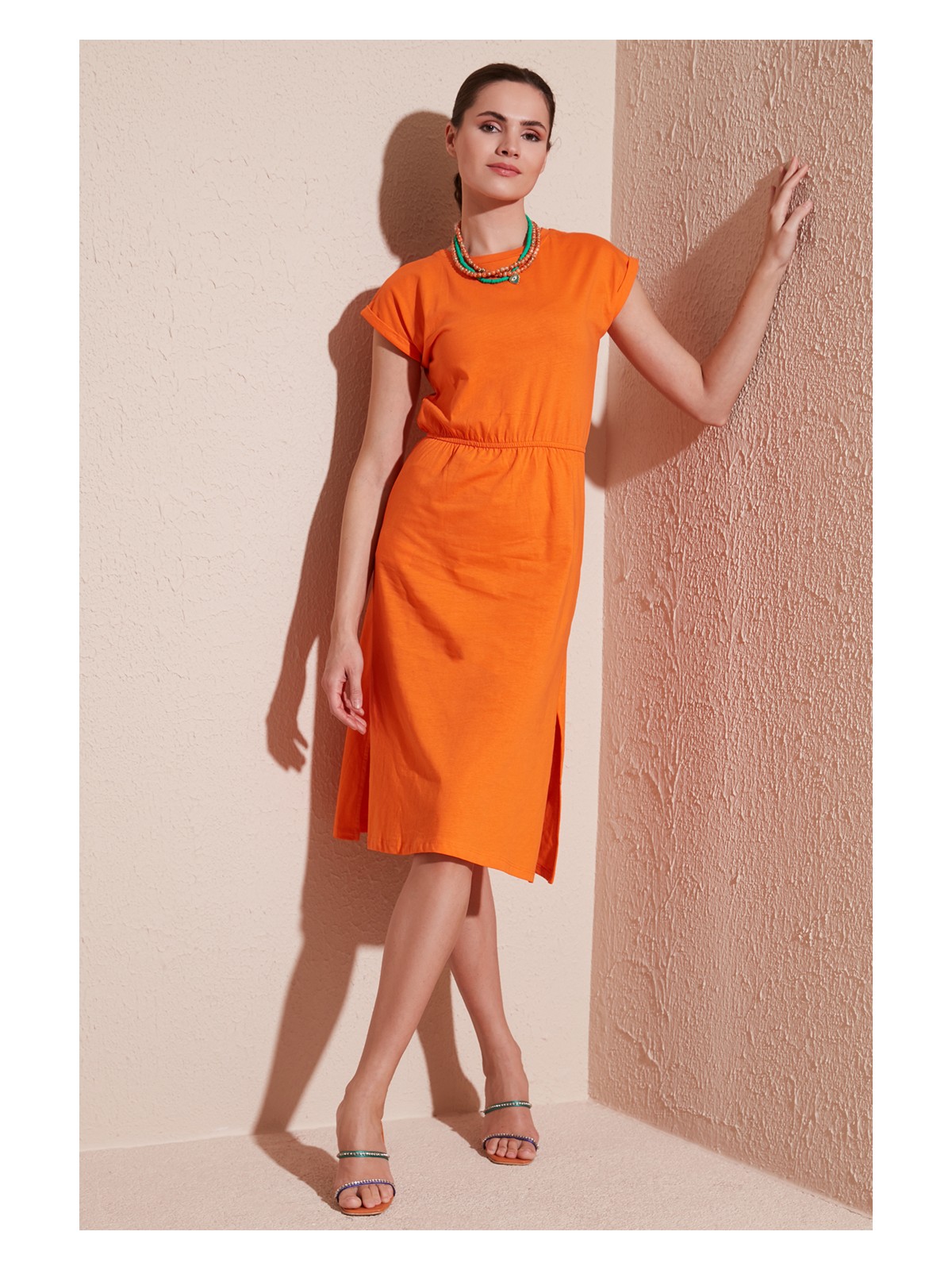 Lela Pamuklu Kısa Kollu Çift Yırtmaçlı Midi Elbise Bayan Elbise 5864205 - Görsel 6