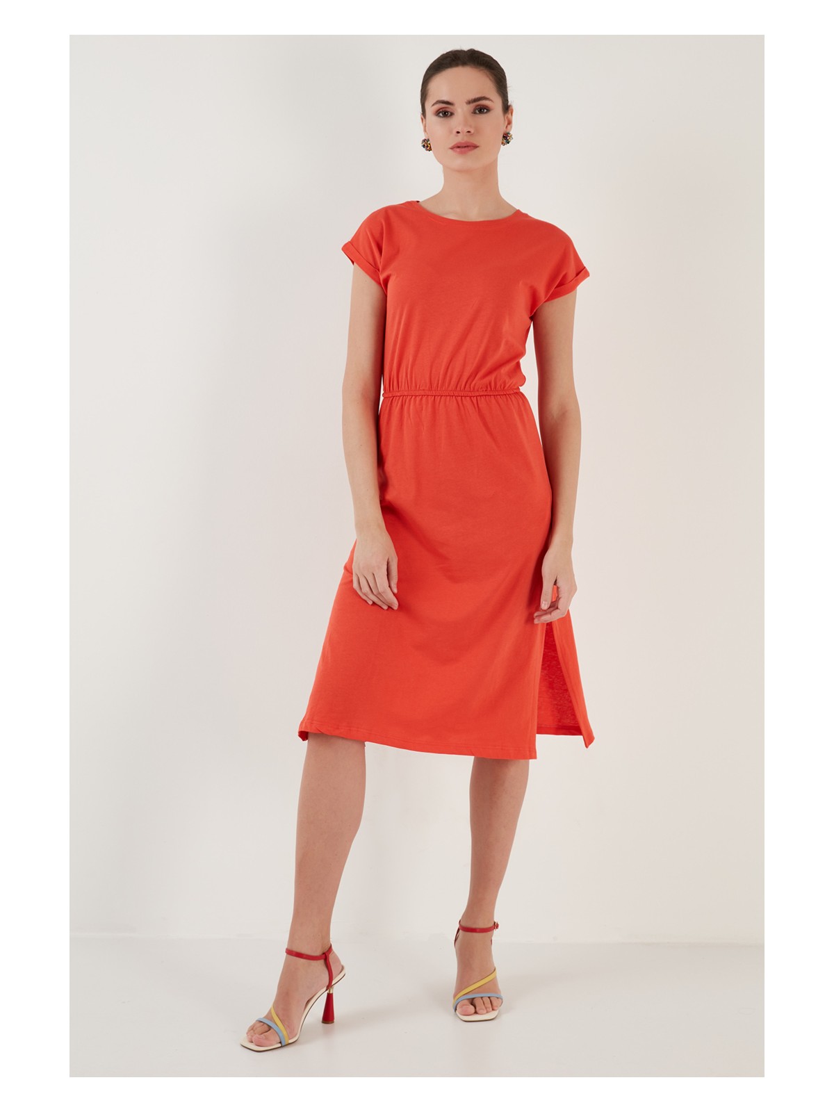 Lela Pamuklu Kısa Kollu Çift Yırtmaçlı Midi Elbise Bayan Elbise 5864205 - Görsel 8