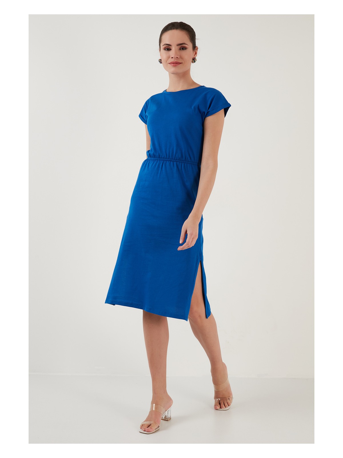 Lela Pamuklu Kısa Kollu Çift Yırtmaçlı Midi Elbise Bayan Elbise 5864205 - Görsel 9