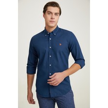 D'S Damat Slim Fit Lacivert Armürlü Gömlek